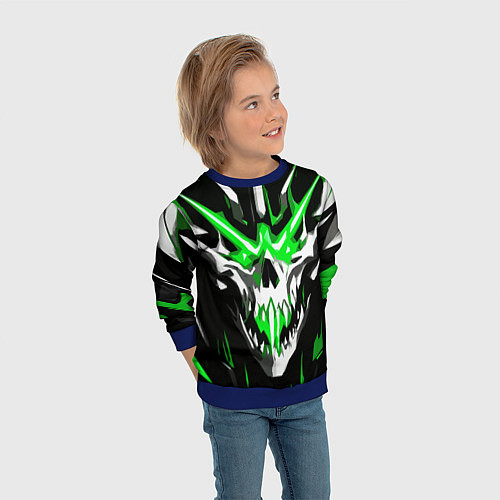 Детский свитшот Абстрактный белый череп и зелёные полосы / 3D-Синий – фото 3