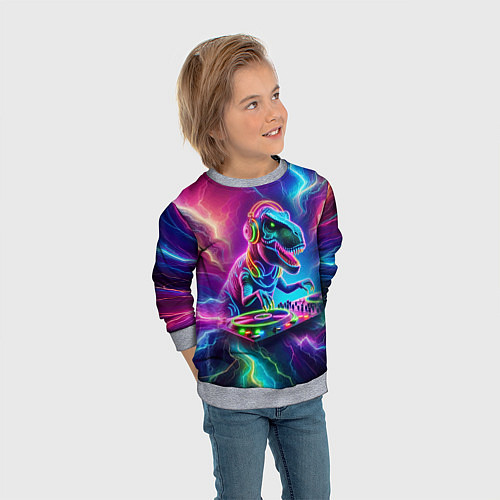Детский свитшот Tyrannosaur DJ - neon glow / 3D-Меланж – фото 3