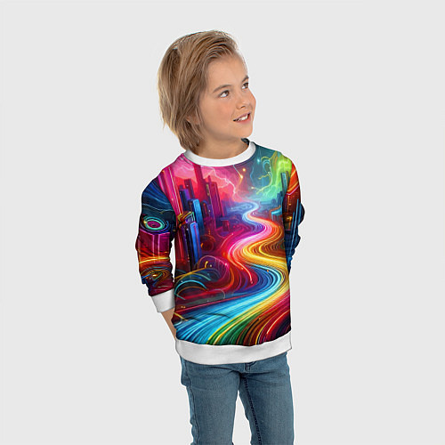 Детский свитшот Неоновый город - нейроарт / 3D-Белый – фото 3