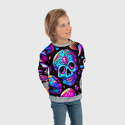 Свитшот детский Мексиканский череп и мухомор - неоновое свечение, цвет: 3D-меланж — фото 2