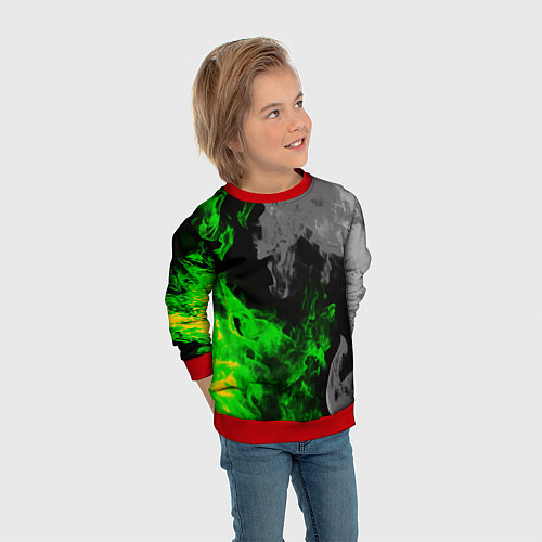 Детский свитшот Зелёный и чёрный огонь / 3D-Красный – фото 3