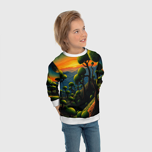 Детский свитшот Лес из зеленых инопланетных деревьев в стиле Сальв / 3D-Белый – фото 3