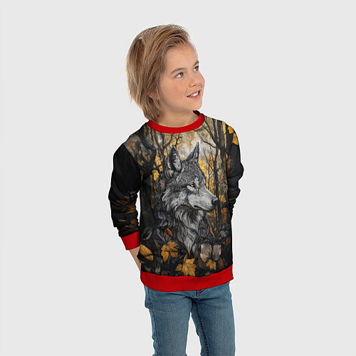 Детский свитшот Благородный волк в осеннем лесу / 3D-Красный – фото 3