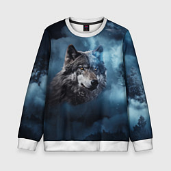 Свитшот детский Волк ночное синее небо, цвет: 3D-белый