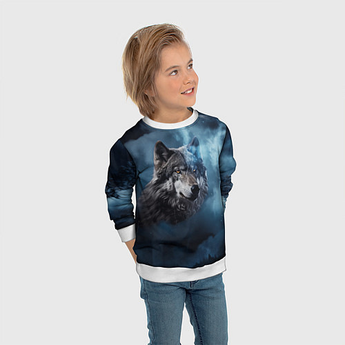 Детский свитшот Волк ночное синее небо / 3D-Белый – фото 3
