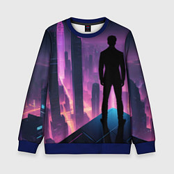 Свитшот детский Человек смотрящий на ночной мегаполис, цвет: 3D-синий