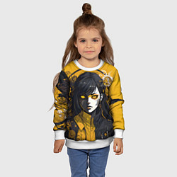 Свитшот детский Девушка в стиле аниме в куртке на жёлтом фоне, цвет: 3D-белый — фото 2