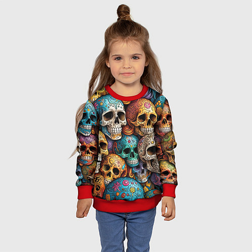 Детский свитшот Разноцветные черепа, паттерн / 3D-Красный – фото 4