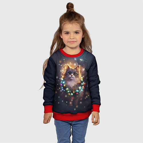 Детский свитшот Уютный котик - Новый год / 3D-Красный – фото 4