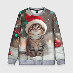 Свитшот детский Новогодний котенок и снег, цвет: 3D-меланж