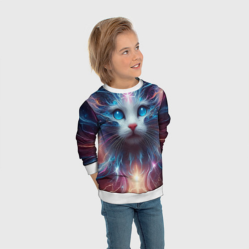 Детский свитшот Fantastic blue-eyed neon kitten / 3D-Белый – фото 3