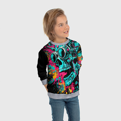 Детский свитшот Cyber skull sketch - color blots / 3D-Меланж – фото 3