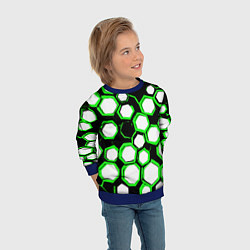 Свитшот детский Бело-зелёные шестиугольники на чёрном фоне, цвет: 3D-синий — фото 2