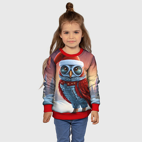 Детский свитшот Новогодняя кибер сова / 3D-Красный – фото 4