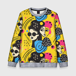 Свитшот детский Яркий паттерн с лицами девушек, цвет: 3D-меланж