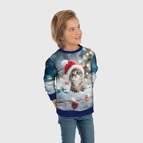 Детский свитшот Маленький котенок и елочные игрушки / 3D-Синий – фото 3