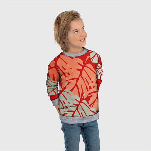 Детский свитшот Отпечатки монстеры на красном / 3D-Меланж – фото 3