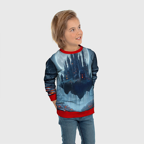 Детский свитшот Замок Дракулы и неоновые грибы - нейроарт фантазия / 3D-Красный – фото 3