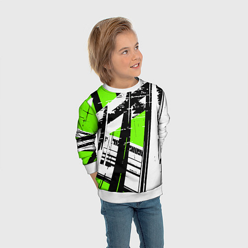 Детский свитшот Чёрно-белые абстрактные линии на зелёном фоне / 3D-Белый – фото 3