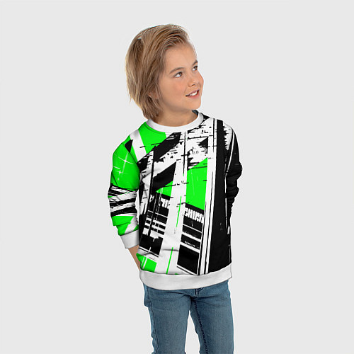 Детский свитшот Чёрно-белые абстрактные линии на зелёном фоне / 3D-Белый – фото 3