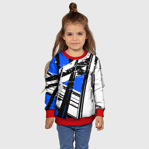 Детский свитшот Чёрно-белые абстрактные линии на синем фоне / 3D-Красный – фото 4