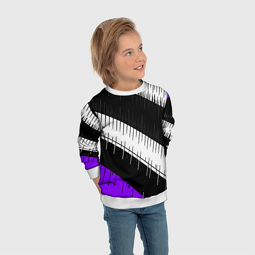 Детский свитшот Диагональные чёрно-белые полосы на фиолетовом фоне / 3D-Белый – фото 3