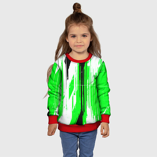 Детский свитшот Вертикальные чёрно-белые линии на зелёном фоне / 3D-Красный – фото 4