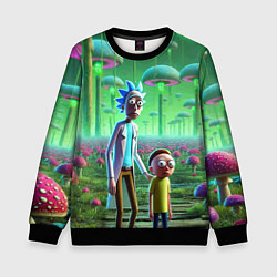 Свитшот детский Рик и Морти в фантастическом неоновом грибном лесу, цвет: 3D-черный