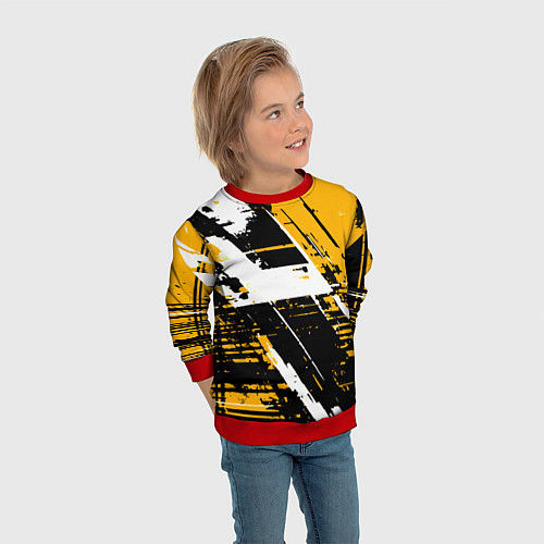 Детский свитшот Diagonal black and white stripes on a yellow backg / 3D-Красный – фото 3