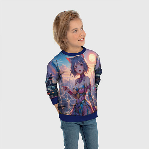 Детский свитшот Аниме в фантастическом городе / 3D-Синий – фото 3