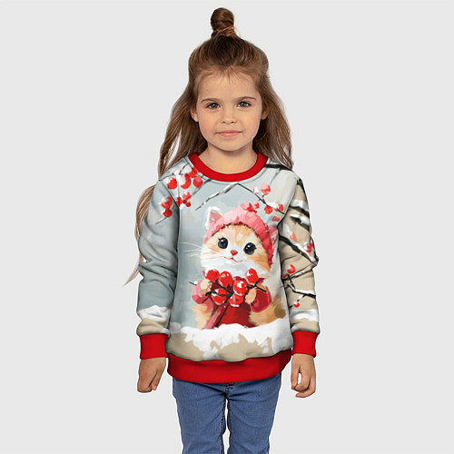 Детский свитшот Новогодний котик с рябиной / 3D-Красный – фото 4