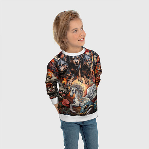 Детский свитшот Мифические существа в стиле татуировки Ирезуми / 3D-Белый – фото 3