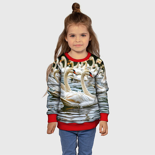 Детский свитшот Белые лебеди на пруду / 3D-Красный – фото 4
