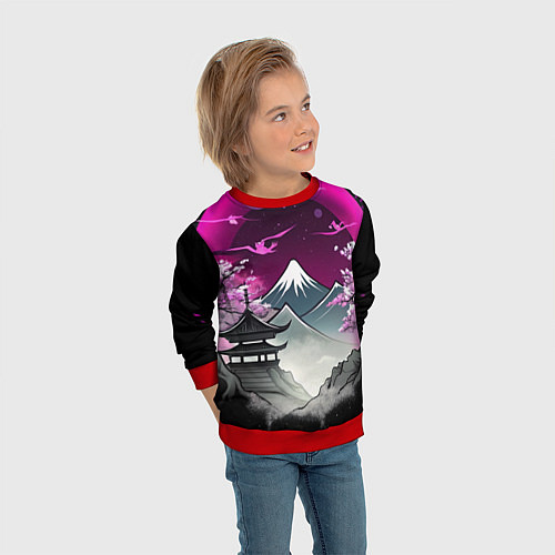 Детский свитшот Горы и сакура в Японии / 3D-Красный – фото 3