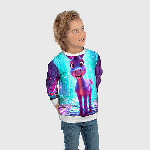 Детский свитшот Ослик в неоновых искрах / 3D-Белый – фото 3