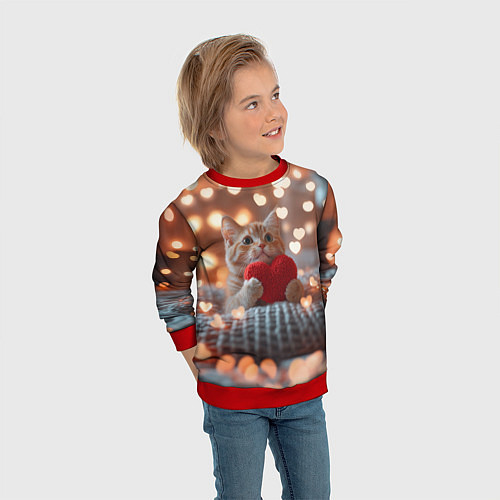 Детский свитшот Котик с сердечком на фоне боке / 3D-Красный – фото 3