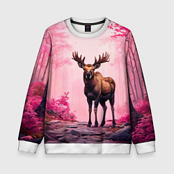 Свитшот детский Лось в розовом лесу, цвет: 3D-белый