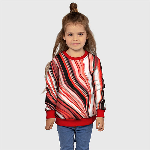 Детский свитшот Волнистые вертикальные чёрно-красные полосы / 3D-Красный – фото 4