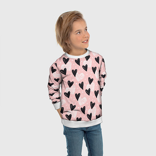 Детский свитшот Романтичный паттерн с сердечками на розовом фоне / 3D-Белый – фото 3