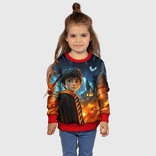 Детский свитшот Гарри Поттер на фоне огня / 3D-Красный – фото 4