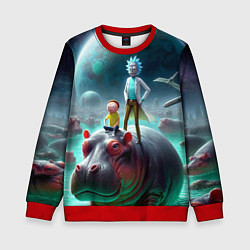 Свитшот детский Рик и Морти сидят на бегемоте - нейроарт фантазия, цвет: 3D-красный