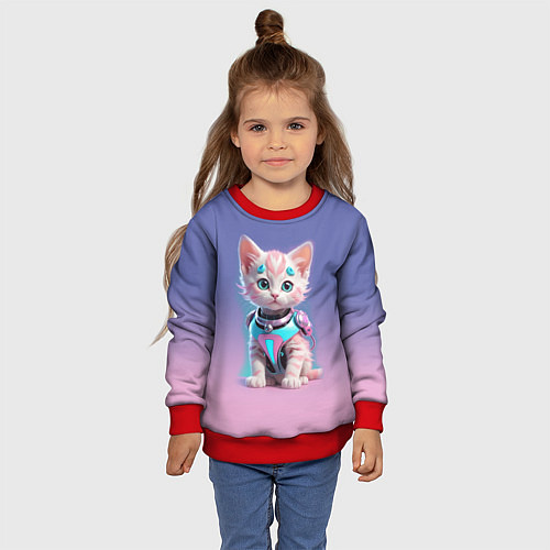 Детский свитшот Милый котёнок - киберпанк милашка / 3D-Красный – фото 4