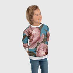 Свитшот детский Розовые пионы на голубом, цвет: 3D-белый — фото 2