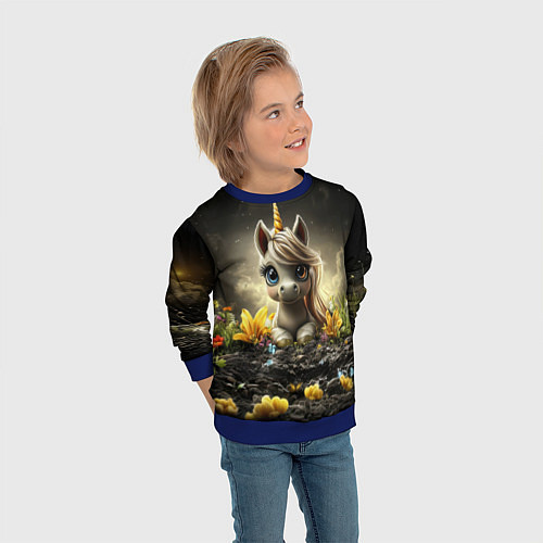 Детский свитшот Белая единорожка на черном фоне / 3D-Синий – фото 3
