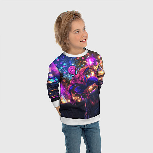 Детский свитшот Человек-паук и фиолетовый свет / 3D-Белый – фото 3