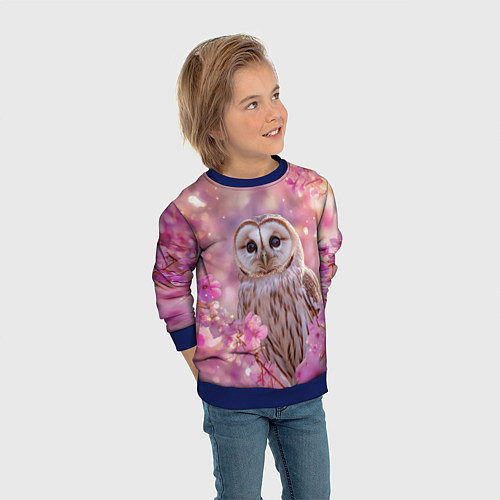 Детский свитшот Белая сова и розовые цветы / 3D-Синий – фото 3