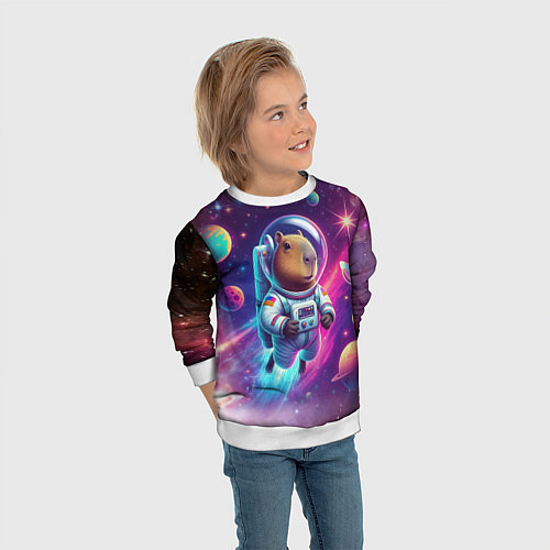 Детский свитшот Космонавт капибара в неоновом космосе / 3D-Белый – фото 3