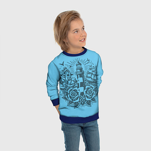Детский свитшот Маяк с розами и кораблем / 3D-Синий – фото 3
