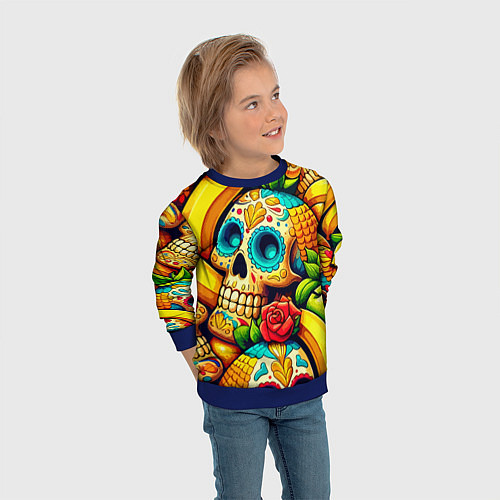 Детский свитшот Colorfull skulls and bananas - pop art pattern / 3D-Синий – фото 3