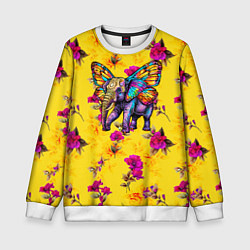 Свитшот детский Слон с крыльями бабочки на цветочном фоне, цвет: 3D-белый